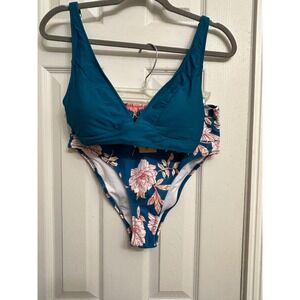 Hilinker Womens Teal Floral High Waisted Bikini Set V-Neck Two Piece Swimsuit M